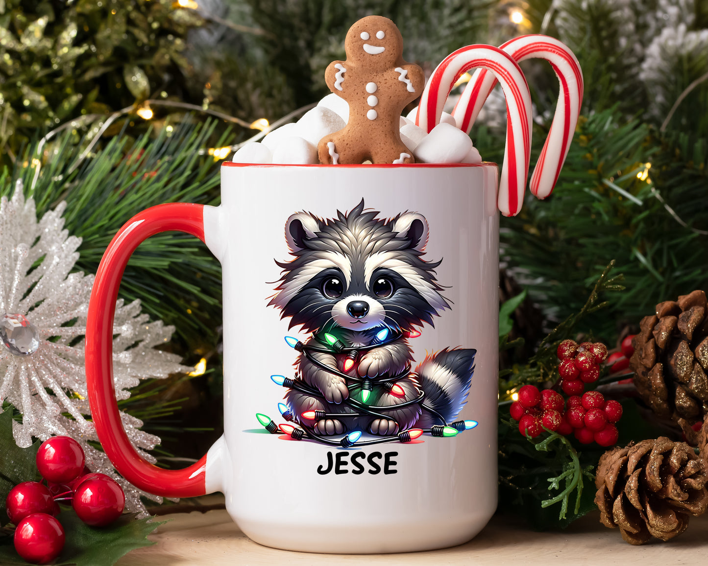 Custom Christmas Mug - Raccoon Tangles in Christmas Lights