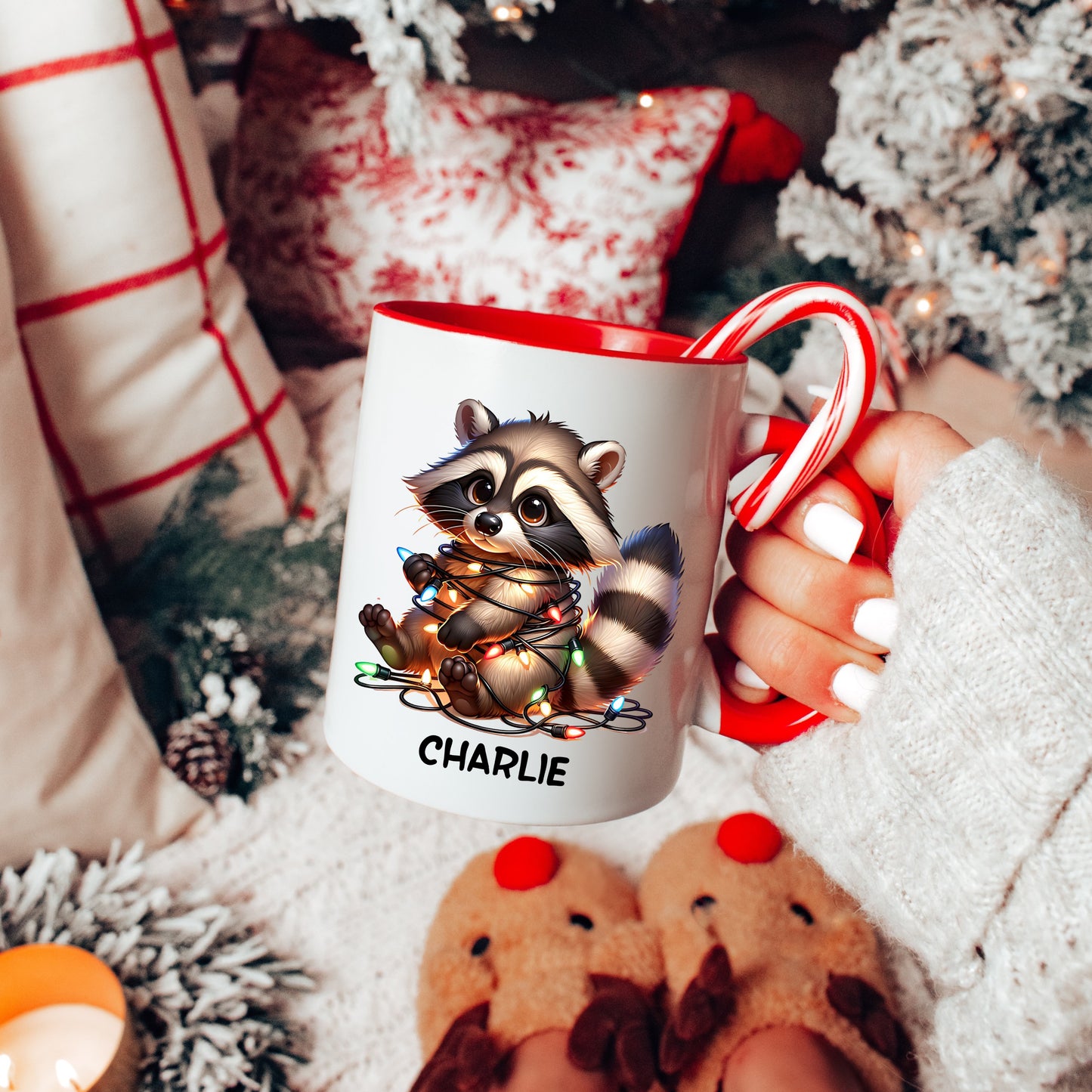 Custom Christmas Mug - Raccoon Tangles in Christmas Lights