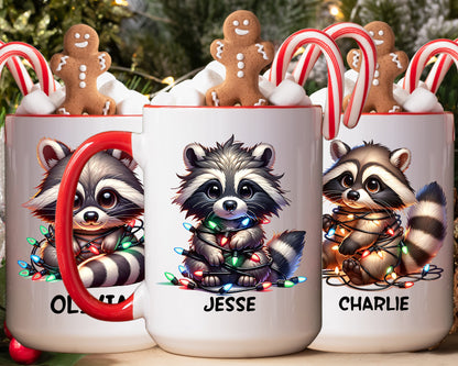 Custom Christmas Mug - Raccoon Tangles in Christmas Lights