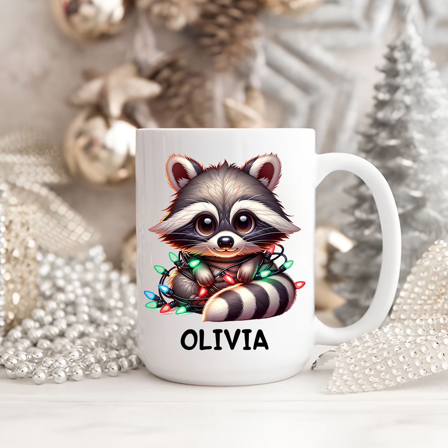 Custom Christmas Mug - Raccoon Tangles in Christmas Lights