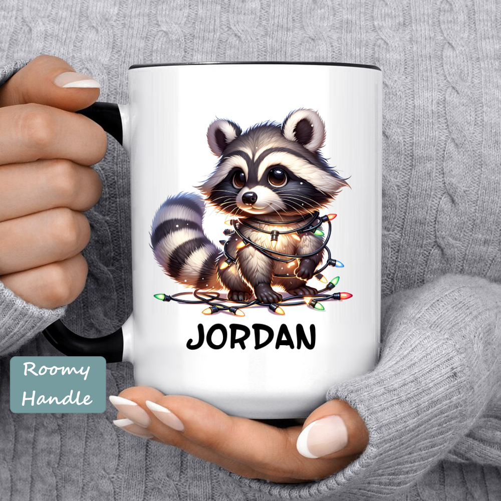 Custom Christmas Mug - Raccoon Tangles in Christmas Lights