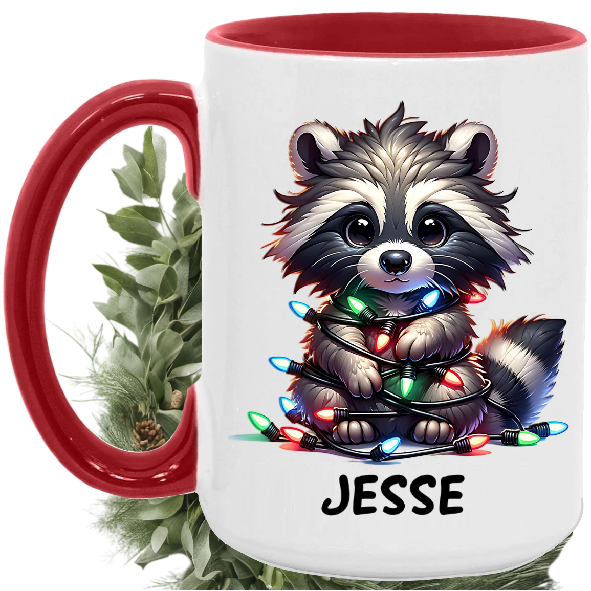 Custom Christmas Mug - Raccoon Tangles in Christmas Lights